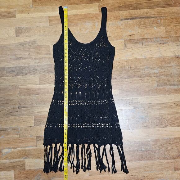 Black Knit Fringe Dress Size Small Boho Crochet Beach Cover Up Summer Festival - Picture 6 of 6